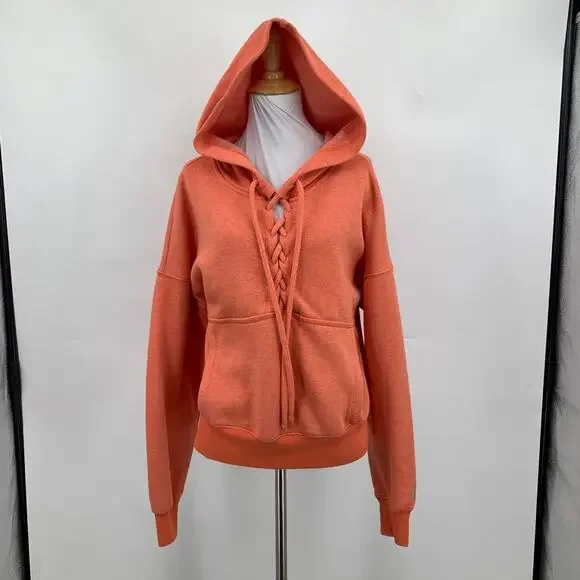 FP Movement Hoodie Womens XS Orange Fleece Lined Believe It Lace Up Free People - Picture 2 of 12
